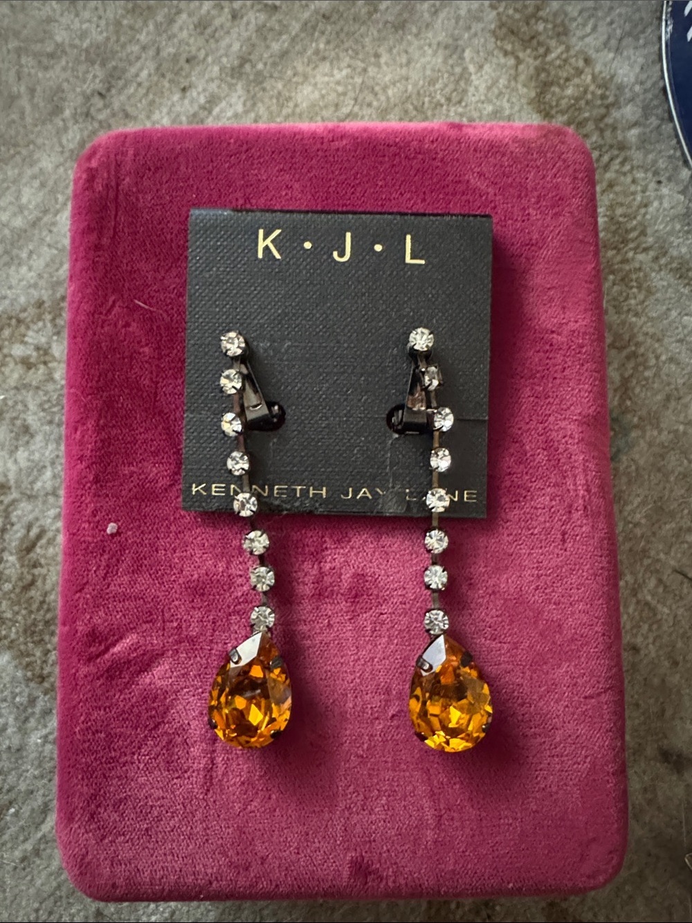 VINTAGE Kenneth Jay Lane Amber Teardrop and Clear Crystal Drop Earrings